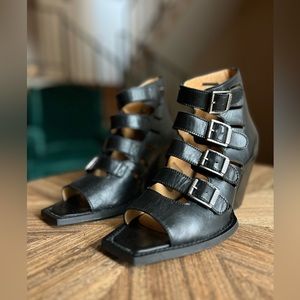 John Fluevog NYC Sky House black strappy open toed bootie heels leather Portugal